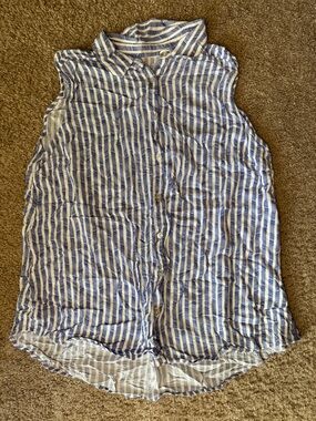Sleeveless Blue and White Striped Button-Up Top